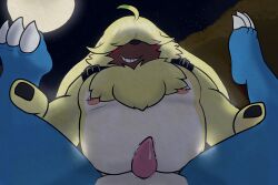 3:2 anal angoramon anthro bandai_namco belly belt bottom_pov digimon digimon_(species) duo first_person_view fluffy_chest fur genitals goenym hair hair_over_eyes hi_res legs_held male male/male male_penetrated male_penetrating male_penetrating_male moon musclegut muscular navel nipples pecs penetration penis sex tapering_penis veemon yellow_body yellow_fur