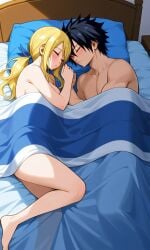 black_hair blonde_hair fairy_tail gray_fullbuster lucy_heartfilia married_couple pixai sleeping_together wedding_ring