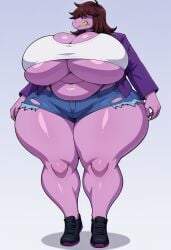 ai_generated anthro bursting_breasts chubby curvaceous deltarune dinosaur furry gigantic_breasts huge_breasts scalie short_shorts stable_diffusion susie_(deltarune) tagme thick_thighs thong_straps tight_clothing underboob venus_body wide_hips