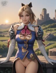 1girls ai_generated blonde_hair bottomless cassandra_alexandra female gloves green_eyes jpeg large_breasts ponytail pussy self_upload sitting smile soul_calibur soul_calibur_iv white_gloves