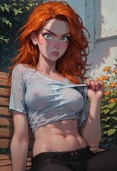 abs ai_generated athletic_female female female_only freckles ginger ginger_hair green_eyes lampero light-skinned_female light_skin long_hair looking_at_viewer medium_breasts nipples sitting sweat transparent_clothing wet_clothes white_shirt wide_eyed