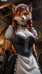 ai_generated animal_ears anthro artist_name braid breasts candle female female_anthro furry furry_female hi_res high_resolution highres long_hair maid maid_headdress photorealistic realistic red_hair solo stable_diffusion twin_braids twitter twitter_username watermark yiffyjiffy2 yiffyjiffy69