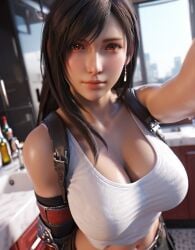 1girls ai_generated background belt big_breasts blurry_background blush brown_hair cleavage clothed earrings eyebrows eyelashes final_fantasy final_fantasy_vii final_fantasy_vii_remake kitchen large_breasts lips long_hair red_eyes selfie tank_top thats_euphoria tifa_lockhart