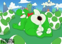 5_toes ass balls big_ass feet gape gaped gaped_anus green_yoshi heart looking_back mario_(series) moaning moaning_in_pleasure nintendo posing solo_male sweat sweating tease thick_thighs wolfbuns yoshi