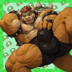 1:1 2024 abs anthro areola armband barazoku biceps big_bulge big_muscles border bowser bracelet bulge claws clothed clothing collar detailed_bulge eyebrows fungus green_background green_border hair hand_behind_head hand_on_bulge hi_res horn huge_bulge huge_muscles jewelry koopa looking_at_viewer lt0 lying male mario_(series) muscular muscular_anthro muscular_male mushroom nintendo nipples non-mammal_nipples obliques on_back pattern_background pecs quads scalie seductive serratus shell simple_background smile solo spiked_armband spiked_bracelet spiked_collar spiked_shell spikes spikes_(anatomy) thick_arms thick_thighs topless topless_anthro topless_male underwear underwear_only