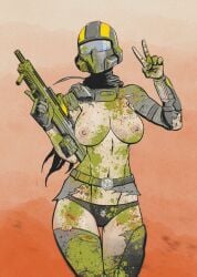 blood_stain breasts helldiver helldiver_(helldivers) helldivers_2 leggings looking_at_viewer military nipples panties peace_sign ripped_clothing skirt tactical_nudity topless