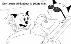 1boy1girl anthro anthro_only beach big_breasts bikini_bottom cat_ears cat_humanoid cat_tail catgirl eddie_puss exposed_breasts feline fur legs male/female mature_female milf mother_and_child mother_and_son mother_puss nipples no_bra older_female panties_only partially_clothed_female sketchintheshade son sunbathing sunglasses tail tail_markings the_complex_adventures_of_eddie_puss topless topless_bikini topless_female wet wet_skin whiskers