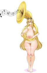 1girls areolae barefoot barghest_(gawain)_(fate) big_breasts black_pubic_hair blonde_hair blush brass_instrument commission deviantart_url fate/grand_order fate_(series) female heterochromia large_breasts long_hair musical_instrument musical_note nipples pink_areola playing_instrument poro_lucy_(artist) porolucy pubic_hair pussy solo solo_female sousaphone thick_thighs tuba white_background wide_hips