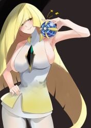 1girls absurdres areola_slip armpits aya_roushi beast_ball black_background blonde_hair breasts collarbone creatures_(company) female game_freak green_eyes highres kasumi_saika large_areolae large_breasts long_hair looking_at_viewer lusamine_(pokemon) nintendo pantyhose poke_ball pokemon pokemon_sm sleeveless smile solo very_long_hair