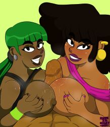 1boy 1boy2girls 2girls 2girls1boy afro barbie_armstrong_(dopeisnukat) breasts brown_skinned_female brown_skinned_male dark-skinned_female dark_skinned_male dopeisnukat double_paizuri gold_earrings green_hair large_breasts nia_palmar_(dopeisnukat) original original_character original_characters purple_fingernails purple_lipstick shirt_pulled_up silver_earrings sweat sweatdrop wristband