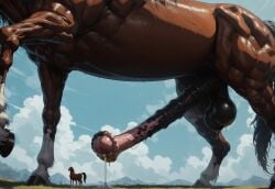 ai_generated cum dirty_penis equine_genitalia flared_penis huge_balls huge_cock precum precum_drip smegma stallion sweat veiny veiny_penis zoophilia