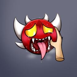 blush demon extreme_demon finger_in_mouth geometry_dash gray_background horns nervous oral saliva saliva_trail sweat tears yellow_eyes