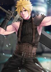 beefcake beefy belt belts black_pants black_shirt blonde_hair buster_sword cloud_strife final_fantasy final_fantasy_vii glove male_only maorenc muscular muscular_male shoulder_armor sleeveless_turtleneck solo solo_male suspenders sword teal_eyes