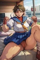 ai_generated big_ass brown_hair crop_top huge_ass large_thighs legs_apart legs_spread nice_ass no_pants panties pantsless pernalisa sakura_kasugano shoes short_brown_hair short_hair spread_legs street_fighter swollen thick_legs thick_thighs transparent vagina