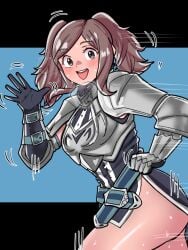 1girl ass brown_hair clothed cynthia_(fire_emblem) fire_emblem fire_emblem_awakening mnejing motion_lines pulling_down_skirt steamy_breath sweating tagme