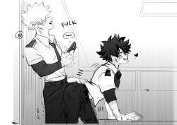 2boys bakugou_katsuki bent_forward black_and_white blush dry_humping gay horny izuku_midoriya katsuki_bakugou looking_pleasured male male/male male_only midoriya_izuku moaning my_hero_academia phone pleasure_face rubbing scarred_body scars school_uniform tongue_out uniform yaoi