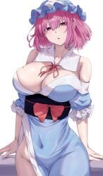 belly_button big_breasts bottomless breasts milf mirufui no_panties skindentation thick_thighs thighs touhou yuyuko_saigyouji