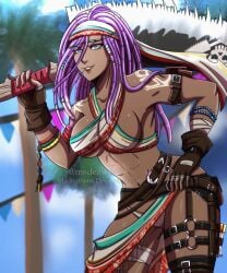 1girls bending_over bent_over big_breasts blue_eyes bodypaint braided_hair dark-skinned_female dark_skin darli_dagger king_of_fighters looking_at_viewer msdeath666 pirate purple_hair samurai_shodown thong