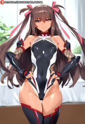 1girls ai_generated bodysuit brown_hair dclp female female_focus female_human female_only indoors kunoichi long_hair mizuki_yukikaze small_breasts solo standing taimanin_(series) taimanin_suit taimanin_yukikaze tan-skinned_female tan_skin tanlines twintails wide_hips