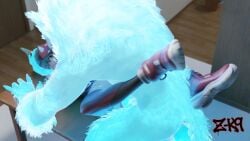 accessory animal_genitalia animal_penis anthro blue_body blue_fur breast_grab breasts canid canine canine_genitalia canine_penis clothed clothing duo erection female female_human fur furniture genitals green_hair hair hand_on_breast headband hi_res human male male/female mammal mythological_canine mythological_creature mythology ninja oral partially_clothed penis sex table vaginal_penetration warrior watermark werecanid werecanine werecreature werewolf z-k9