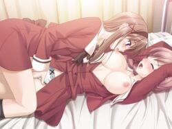 blue_eyes blush brown_hair cg cousins eroge female fuguriya game_cg incest kitajima_kaede kitajima_sara multiple_girls purple_eyes red_hair schoolgirl sono_hanabira_ni_kuchizuke_wo yuri