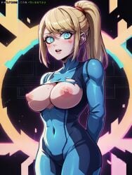 ai_generated blonde_hair blue_eyes breasts breasts_out gigatsu looking_at_viewer metroid nintendo nipples ponytail samus_aran torn_clothes zero_suit_samus