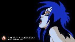 1girls background blue_hair closed_eyes colored_skin desktop_wallpaper extreme_ghostbusters female furrowed_brow ghostbusters grey_skin kylie_griffin long_hair looking_pleasured moaning nude nude_female open_mouth screaming solo solo_female teeth text upper_body zone