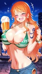 ai_generated beer cityscape drunk jeans nami nami_(one_piece) night nip_slip nipples pink_nipples