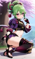 1girls ai_generated feet fully_clothed genshin_impact green_hair hair_ornament hoyoverse kuki_shinobu lay-oreo looking_at_viewer ninja purple_eyes sandals small_breasts tagme thick_thighs