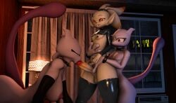 3d_(artwork) animated anthro armwear ass balls bisexual black_latex blowjob bottomless canine clothing femboy from_behind_position genitals hug legwear male male/female male/female/male male/male mammal_humanoid mewtowo_(shadman) mewtwo motel night nintendo nipple_tape nude orange_eyes penis pokemon pokemon_(species) purple_body purple_eyes saggy_balls sex source_filmmaker source_filmmaker_(artwork) tail thick_ass thick_thighs threesome white_body