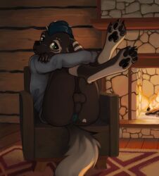 anthro ass balls bottomless cabin clothed clothing fireplace genitals hi_res hoodie male male_only marsminer paws solo topwear