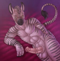 3_fingers abs anthro balls black_fur chokodonkey equine erection fur green_eyes grey_fur grey_hair hair happy high_resolution looking_at_viewer lying male male_only mohawk on_side pecs penis pink_penis pink_skin pose short_hair skin smile solo white_eyes white_fur zebra