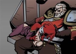 blowjob clothed_sex cum cum_in_mouth daddy darkest_dungeon gay gay_blowjob homosexual jester_(darkest_dungeon) male/male man_at_arms_(darkest_dungeon) masked_male older_male oral oral_sex outdoors thick_penis