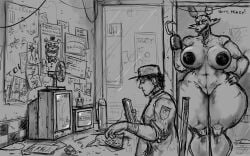 animatronic anthro areola bear big_breasts boysa_228 breasts canid canine clothed clothing computer duo electronics eye_patch eyewear female five_nights_at_freddy&#039;s fox foxy_(fnaf) freddy_(fnaf) fully_clothed genitals hand_on_hip hat headgear headwear hi_res hook hook_hand human machine male mammal mike_schmidt nipples nude pussy robot rule_63 scottgames soyjak thick_thighs