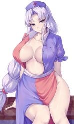 big_breasts bottomless breasts character_request looking_at_viewer mirufui no_bra no_panties open_shirt shirt_open sitting touhou