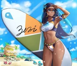 1girls armlet beach beach_umbrella belly_chain bikini black_hair blue_eyes blue_hair breasts clouds corsola earrings eyeshadow hair_bun holding_surfboard hoop_earrings life_preserver long_hair makeup medium_breasts midriff mudkip multicolored_hair navel necklace nessa_(pokemon) nintendo ocean outside palm_trees pokemon pokemon_ss sky snorlax sobble squirtle surfboard swimsuit washout008 water white_bikini white_swimsuit