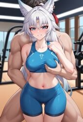 1boy 1boy1girl 1girls ai_generated ai_hands animal_ears blue_crop_top blue_eyes blue_shorts blurry_background blush blush crop_top ear_piercing eyeliner feixiao_(honkai:_star_rail) female female female_focus grope groping groping_breasts gym gym_clothes gym_clothing gym_shirt gym_shorts gym_uniform hand_on_breast hips_wider_than_shoulders honkai:_star_rail honkai_(series) imminent_sex light-skinned_female light-skinned_male light_skin long_hair looking_down looking_pleasured male male_behind_female medium_breasts midriff muscular muscular_male navel nipples nipples_visible_through_clothing onkomaker red_eyeliner shorts smile sports_bra sports_shorts sports_uniform sportswear sweat tight_clothing white_ears white_hair wide_hips