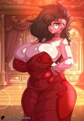 1girls big_breasts black_hair blue_dress dress huge_breasts looking_at_viewer okioppai original pandora_(okioppai) thick_thighs