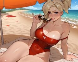 11_22 ai_generated angela_ziegler aviator_sunglasses beach blizzard_entertainment blonde_hair blue_eyes blush breasts cleavage eyewear eyewear_removed female female_focus female_only grin large_breasts large_thighs looking_at_viewer mercy ocean one_piece_swimsuit overwatch ponytail seductive_smile sitting strap_slip sweat sweaty thick_thighs thighs umbrella wide_hips