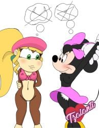 anthro blackmercurius_(artist) bra breasts disney dixie_kong female furry hat minnie_mouse monkey mouse nintendo nipples partially_clothed pussy skirt tzalanti_(artist)