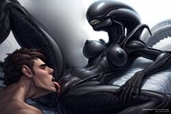 ai_generated alien alien_(franchise) alien_girl breasts cunnilingus female_xenomorph looking_at_partner lying pussy_juice spread_legs xenomorph