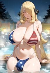 1futa ai_generated aiartf4 american_flag_bikini bikini blonde_female blonde_hair breasts breasts_out bulge bulge_through_clothing curvy curvy_body curvy_female cynthia_(pokemon) female female_only flaccid flaccid_penis futa_only futa_sans_pussy futanari huge_cock pokemon pokemon_dppt