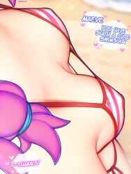 1girls big_breasts bikini breasts female ikkimay light-skinned_female light_skin maeve_(paladins) nipples nipples_visible_through_clothing paladins pale-skinned_female pale_skin partially_clothed presenting purple_hair short_hair smile solo standing stuttering text