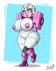 arcee arcee_(g1) bare_breasts big_breasts blue_background blue_eyes breasts breasts hands_behind_back legs_crossed legs_together lips midget nipples nude nude_female pink_lips pink_skin pinup puffy_lips robot robot_girl robot_humanoid short_stack shortstack smaller_female smile surprise surprised surprised_expression tfmaster96 thicc thick_legs thick_thighs tits_out transformers transformers_g1 white_skin