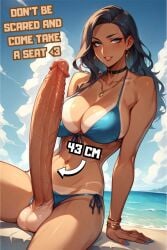 1futa ai_generated beach bikini choker dark_hair dark_skin dialogue earrings erect_penis erection excessive_size futa_only futa_sans_pussy futadom futanari giant_cock huge_breasts huge_cock hyper_penis lewdunari nails necklace ocean tan_body tan_skin