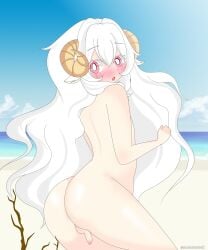 1boy adult alisananar beach big_ass big_butt boy curly_hair digital_media_(artwork) femboy femboy_only long_hair original original_character penis pink_eyes sheep sheep_horns small_penis soft_ass solo solo_femboy white white_hair