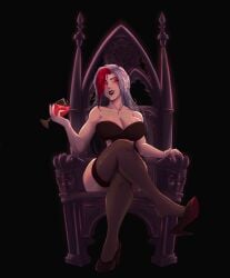 2d 2d_(artwork) big_breasts big_tits black_lipstick cleavage corset eyeliner female goth goth_girl makeup red_eyes stockings tabithash thick_thighs thighs virtual_youtuber voluptuous voluptuous_female vtuber vtuberfanart white_hair wide_hips