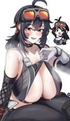 1girls absurdres black_hair blush breasts cleavage clothes_lift desspie female goggles goggles_on_head grace_howard highres huge_breasts looking_at_viewer open_mouth red_eyes shirt_lift solo sweat zenless_zone_zero