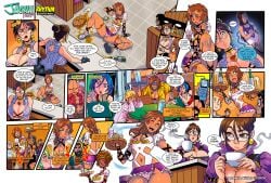 5girls 6+boys afro beer_bottle beer_can beer_mug big_breasts black_hair blonde_hair blue_eyes blue_hair blue_hair_on_black_hair braided_hair braided_ponytail breasts brown_hair cafe cassandra_garcia cindy_(darkereve) clothed clothed_female coffee coffee_mug comic comic_page dancing dark-skinned_female dark-skinned_male dark_skin darkereve dialogue english_text fit_female giant_breasts glasses green_hair half-naked half_naked hi_res jagua_tales jagua_tales_(comic) joana_dolores light-skinned_female light_skin maya_diva miniskirt mole_on_breast mole_under_eye mp3_player normal_breasts panties pink_hoodie pink_panties pregnant pregnant_female purple_eyes resturant revealing_clothes revealing_outfit rhythm speech_bubble tan-skinned_female tan_body tan_skin tania_serrata tripped waitress waitress_outfit waitress_uniform