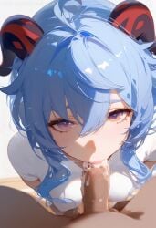 ai_generated blowjob censored cum cum_in_mouth cum_inside dark-skinned_male ganyu_(genshin_impact) genshin_impact interracial miurai oral oral_penetration oral_sex